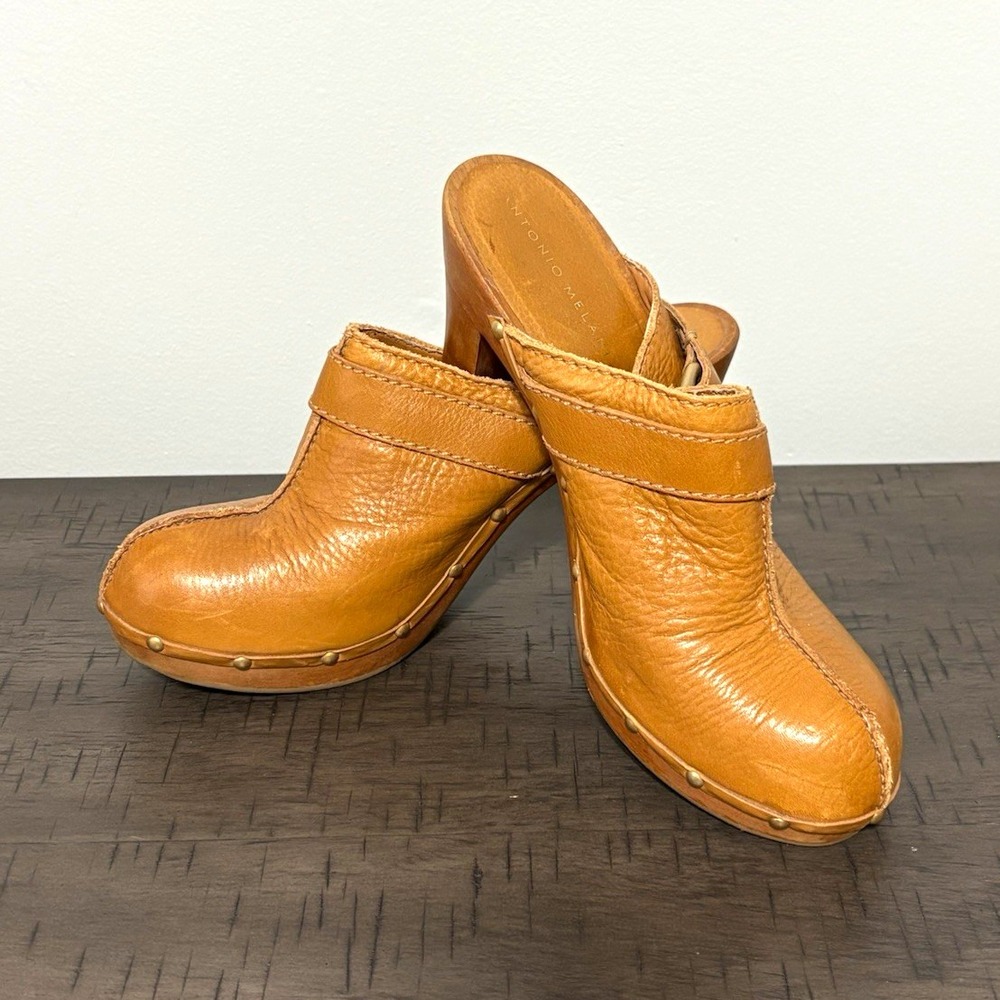 Antonio Melani V Women's Brown Leather Mule Slip-On Buckle Studded Closed Toe 7M